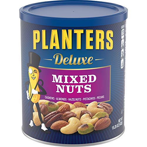 0767563390404 - PLANTERS DELUXE MIXED NUTS WITH HAZELNUTS, 15.25 OZ. RESEALABLE JAR - CASHEWS, ALMONDS, HAZELNUTS, PISTACHIOS & PECANS ROASTED IN PEANUT OIL WITH SEA SALT - KOSHER SAVORY SNACK