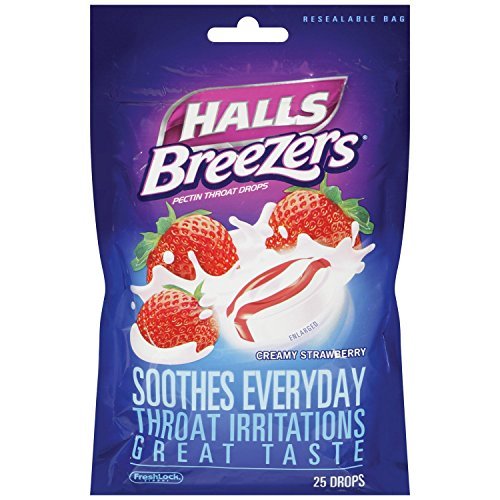 0767644014809 - HALLS BREEZERS COUGH DROPS - CREAMY STRAWBERRY - SOOTHES EVERYDAY THROAT IRRITATIONS - 25 DROPS PER PACKAGE - PACK OF 2 (50 DROPS TOTAL) BY HALLS