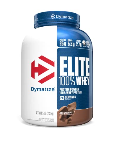 0767674559615 - DYMATIZE ELITE 100% WHEY PROTEIN POWDER, 25G PROTEIN, 5.5G BCAAS & 2.7 L-LEUCINE, QUICK ABSORBING & FAST DIGESTING FOR OPTIMAL MUSCLE RECOVERY, RICH CHOCOLATE, 5 POUND, 63 SERVINGS