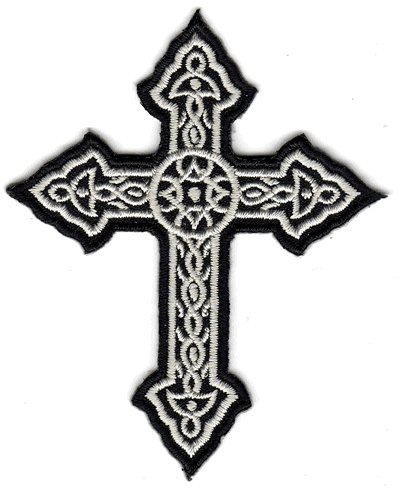 0768117089270 - THE BLACK AND WHITE ORNATE CROSS PATCH, BY: FLAG-IT THE MOST TRUSTED BRAND, SUPERIOR QUALITY IRON-ON / SAW-ON EMBROIDERED PATCHES - EACH PATCH IS CARDED & PACKAGED INDIVIDUALLY IN A PROFESSIONAL RETAIL PACKAGE - 3.5 X 2.25 INCHES - MADE IN THE USA