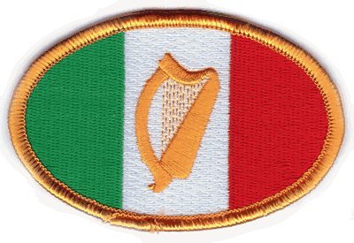 0768117089300 - THE IRISH FLAG OVAL HARP PATCH, SUPERIOR QUALITY IRON-ON / SAW-ON EMBROIDERED PATCH - EACH ONE IS INDIVIDUALLY CARDED AND SEALED IN A PROFESSIONAL RETAIL PACKAGE - 4 X 3.5 INCHES - MADE IN THE USA