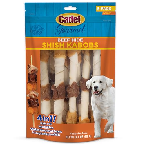 0768303705779 - CADET GOURMET X-LARGE TRIPLE-FLAVORED BEEF HIDE SHISH KABOB DOG TREATS - HEALTHY & NATURAL CHICKEN, LIVER, AND SWEET POTATO DOG TREATS FOR DOGS OVER 30 LBS., 10 IN. (8 COUNT)