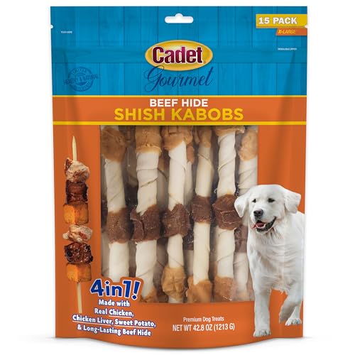 0768303705793 - CADET GOURMET X-LARGE TRIPLE-FLAVORED BEEF HIDE SHISH KABOB DOG TREATS - HEALTHY & NATURAL CHICKEN, LIVER, AND SWEET POTATO DOG TREATS FOR DOGS OVER 30 LBS., 10 IN. (15 COUNT)