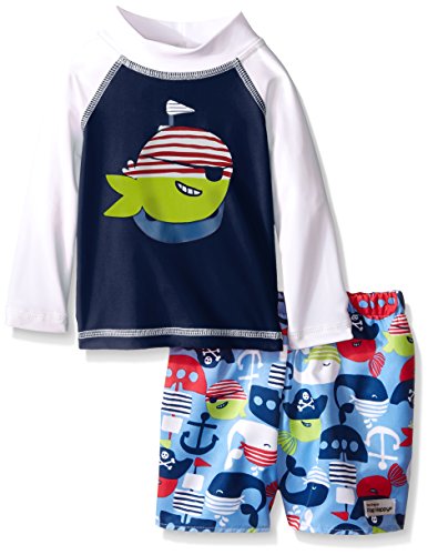 0768462675852 - FLAP HAPPY BABY UPF 50+ GRAPHIC RASH GUARD AND INFANT SWIM DIAPER TRUNK SET, ARMY GREEN MATE/PIRATE KAI, 6 MONTHS