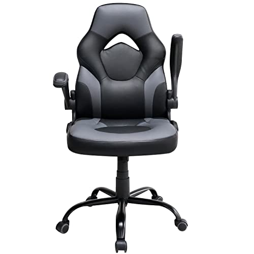 0768472963383 - HOME OFFICE CHAIR, ERGONOMIC COMPUTER CHAIRS HIGH BACK, PU LEATHER SWIVEL ROLLING TASK DESK CHAIR, MANAGERIAL EXECUTIVE CHAIRS WITH FLIP-UP ARMRESTS, BLACK/GRAY