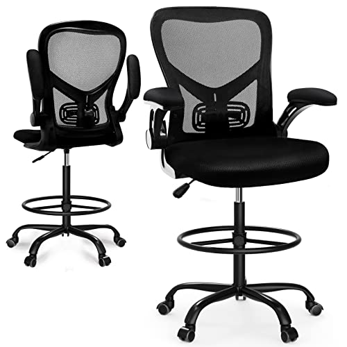 0768472963475 - OFFICE DRAFTING CHAIR, ERGONOMIC MESH CHAIR TALL OFFICE CHAIR FOR STANDING DESK, MID BACK COUNTER HEIGHT DESK CHAIR, SWIVEL TASK CHAIR WITH ARMRESTS AND ADJUSTABLE FOOT RING, BLACK