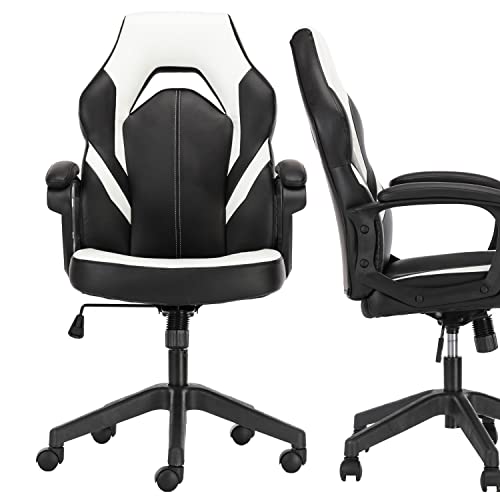 0768481834759 - OFFICE CHAIR, ERGONOMIC HIGH BACK COMPUTER CHAIR HEIGHT ADJUSTABLE DESK CHAIR FAUX PU LEATHER CHAIR WITH ARMREST PADDED AND LUMBAR SUPPORT, WHITE