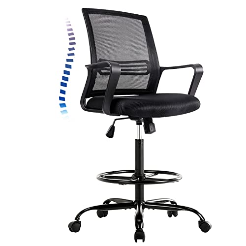 0768481837545 - DRAFTING CHAIR, TALL OFFICE CHAIR, COUNTER HEIGHT OFFICE CHAIRS, HIGH ADJUSTABLE STANDING DESK CHAIR, ERGONOMIC MESH COMPUTER TASK CHAIR WITH ARMRESTS AND ADJUSTABLE FOOT-RING FOR BAR HEIGHT DESK