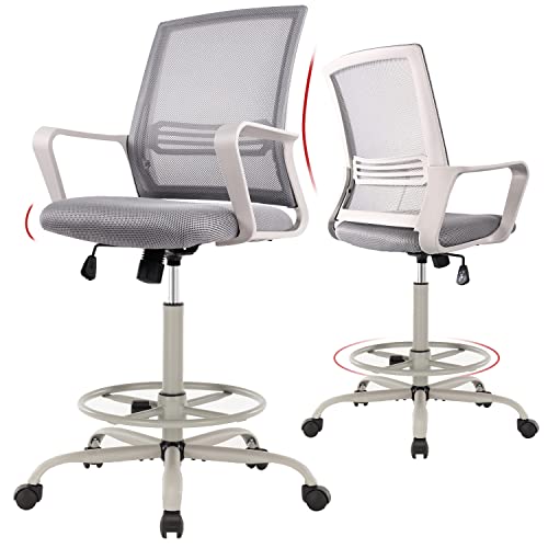 0768481838269 - MID-BACK MESH DRAFTING CHAIR - TALL OFFICE CHAIR WITH ARMREST STANDING DESK CHAIR COUNTER HEIGHT WITH ADJUSTABLE FOOT RING (GREY)