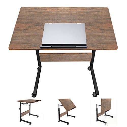 0768488492433 - 31.5 HOME OFFICE DESKS STANDING ADJUSTABLE HEIGHT LAPTOP DESK WITH TILT TABLETOP FOR SMALL SPACES COMPUTER TABLE FOR COUCH BEDROOMS MOBILE ROLLING PORTABLE STUDENT DESK ON WHEELS - BROWN