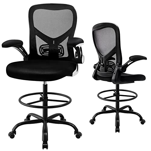 0768488492792 - DRAFTING CHAIR TALL OFFICE CHAIR, STANDING DESK CHAIR WITH FLIP-UP ARM, MESH ERGONOMIC COMPUTER CHAIR WITH LUMBAR SUPPORT ADJUSTABLE FOOT RING