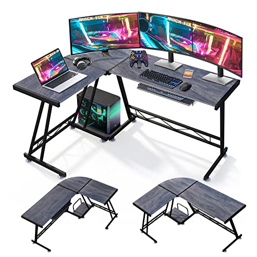 0768488494864 - REVERSIBLE L-SHAPED DESK MODERN GAMING DESK WITH PULL-OUT KEYBOARD TRAY CORNER DESK WITH CPU STAND COMPUTER DESK FOR HOME OFFICE WORKSTATION SPACE SAVING, VINTAGE GRAY