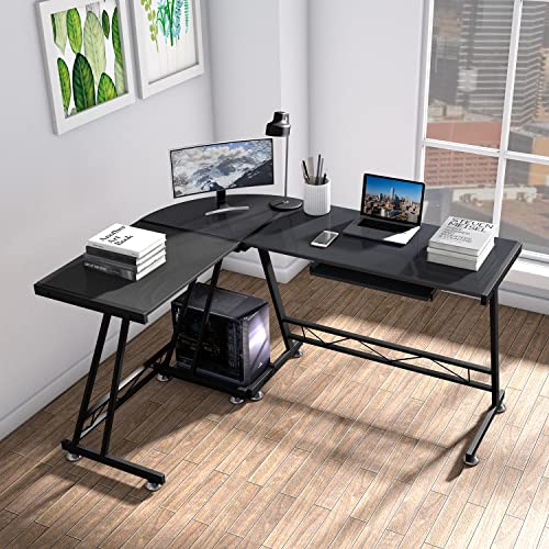 0768488495045 - REVERSIBLE L-SHAPED DESK MODERN GAMING DESK WITH PULL-OUT KEYBOARD TRAY CORNER DESK WITH CPU STAND COMPUTER DESK FOR HOME OFFICE WORKSTATION SPACE SAVING, BLACK