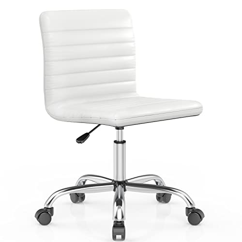 0768492194705 - DESK CHAIR, ARMLESS OFFICE CHAIR LEATHER SWIVEL TASK CHAIR MID BACK RIBBED HOME OFFICE WHITE DESK CHAIR FOR ADULT CHILD, VANITY CHAIR, WT