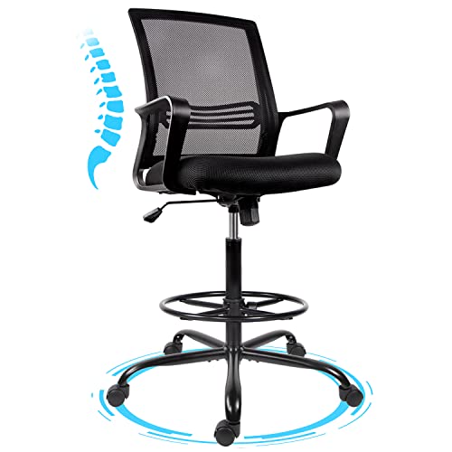 0768492949695 - DRAFTING CHAIR TALL OFFICE CHAIR - COMFORTABLE STANDING DESK CHAIR WITH ARMREST HEIGHT ADJUSTABLE COMPUTER TASK CHAIR WITH FOOT REST ERGONOMIC MESH MID-BACK DESK CHAIR (BLACK)