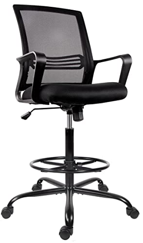 0768492949787 - DRAFTING CHAIR TALL OFFICE CHAIR MESH MID-BACK DESK CHAIR WITH ARMREST HEIGHT ADJUSTABLE FOOT REST FOR STANDING DESK - BLACK