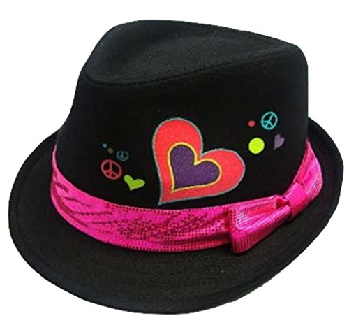 0768505941807 - MILANI YOUTH KIDS BLACK COTTON FEDORA WITH PINK HEARTS & BAND (S/M, BLACK PINK HEARTS)