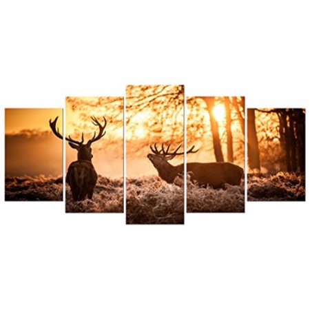 0769700735468 - PYRADECOR ELKS MODERN ANIMALS LANDSCAPE ARTWORK 5 PANELS GICLEE CANVAS PRINTS FOREST PICTURES PAINTINGS ON STRETCHED AND FRAMED CANVAS WALL ART FOR LIVING ROOM BEDROOM HOME DECOR