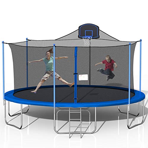 0770264565316 - TATUB 16FT TRAMPOLINE FOR KIDS, OUTDOOR TRAMPOLINE WITH SAFETY ENCLOSURE NET BASKETBALL HOOP AND LADDER, TRAMPOLINE FOR ADULTS (GREY&BLUE)