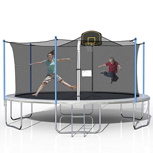 0770264565415 - TATUB 16FT TRAMPOLINE FOR KIDS AND ADULTS WITH ENCLOSURE NET BASKETBALL HOOP AND LADDER (GREY)
