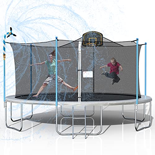 0770264565965 - TATUB 1000LBS 16FT TRAMPOLINE FOR KIDS, OUTDOOR TRAMPOLINE WITH SAFETY ENCLOSURE NET BASKETBALL HOOP AND LADDER, TRAMPOLINE FOR ADULTS (LIGHT BLUE)