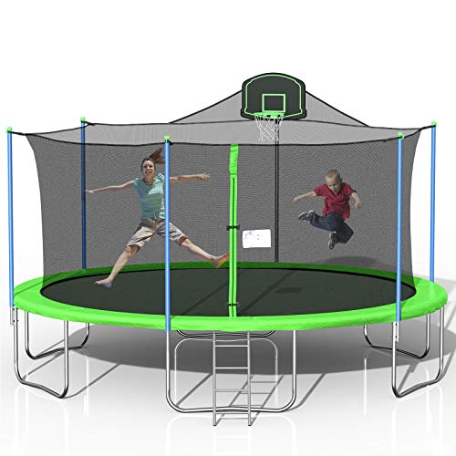 0770264567273 - TATUB 16FT TRAMPOLINE FOR KIDS, OUTDOOR TRAMPOLINE WITH SAFETY ENCLOSURE NET BASKETBALL HOOP AND LADDER, TRAMPOLINE FOR ADULTS (GREEN)