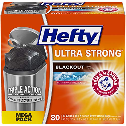 0772195205057 - HEFTY ULTRA STRONG TALL KITCHEN TRASH BAGS, BLACKOUT, CLEAN BURST, 13 GALLON, 80 COUNT