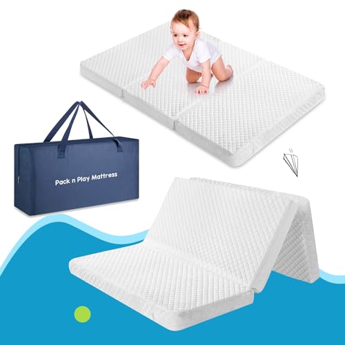 0774182328114 - WOOD-IT CRIB MATTRESS, 38 X 26 X 2.5 FOLDABLE TRAVEL PACK AND PLAY MATTRESS PAD WITH CARRY BAG, DUAL SIDED MEMORY FOAM TRIFOLD BABY MATTRESS WITH WASHABLE COVER FOR INFANT & TODDLER, WHITE