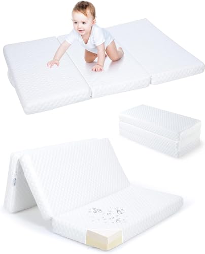 0774182329401 - WOOD-IT CRIB MATTRESS, 38” X 26” X 2.5” FOLDABLE TRAVEL PACK AND PLAY MATTRESS PAD WITH HANDLES, DUAL SIDED MEMORY FOAM TRIFOLD BABY MATTRESS WITH WASHABLE COVER FOR INFANT & TODDLER, WHITE