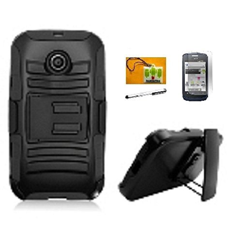 0774501335960 - MOTOROLA MOTO E XT830C (1ST GENERATION, STRAIGHTTALK, TRACFONE, NET 10 ) LF 4 IN 1 BUNDLE - HYBRID ARMOR STAND CASE WITH HOLSTER AND LOCKING BELT CLIP, LF STYLUS PEN, SCREEN PROTECTOR & DROID WIPER ACCESSORY (HOLSTER BLACK)