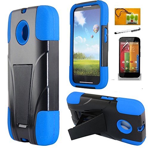 0774501335977 - MOTOROLA MOTO E XT830C (1ST GENERATION, STRAIGHTTALK, TRACFONE, NET 10) LF 4 IN 1 BUNDLE - HYBRID DUAL LAYER CASE WITH STAND, LF STYLUS PEN, SCREEN PROTECTOR & DROID WIPER ACCESSORY (STAND BLUE)
