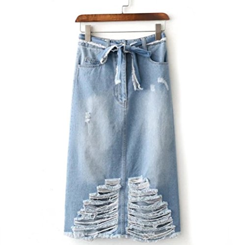 7757381473338 - ALL GOOD HIGH WAIST LACE-UP SLIM HOLE RIPPED JEANS SKIRTS FASHION ALL-MATCH BLUE M