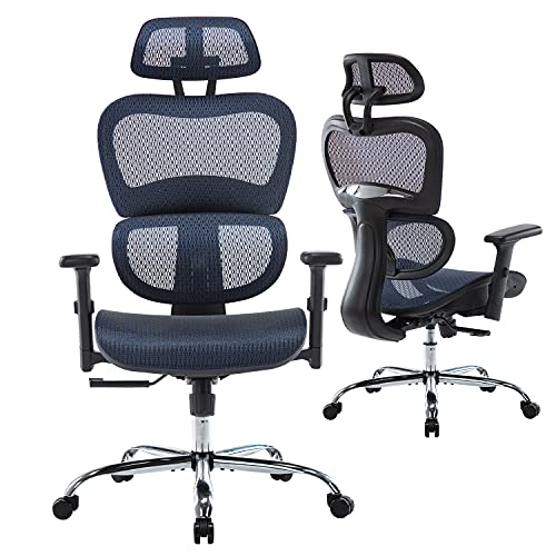 7780969029078 - OFFICE CHAIR ERGONOMIC, COMPUTER GAMING CHAIRS WITH HEADREST, HOME OFFICE DESK CHAIR MESH HIGH BACK WITH ADJUSTABLE ARMRESTS AND 3D LUMBAR SUPPORT, SWIVEL ROLLING TASK CHAIR (BLUE, MODERN)