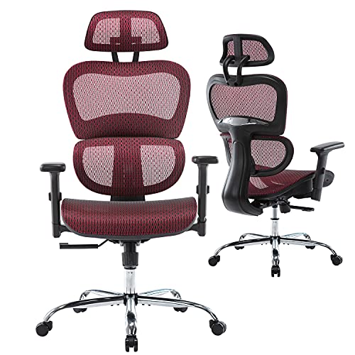 7780969029504 - OFFICE CHAIR ERGONOMIC, COMPUTER GAMING CHAIRS WITH HEADREST, HOME OFFICE DESK CHAIR MESH HIGH BACK WITH ADJUSTABLE ARMRESTS AND 3D LUMBAR SUPPORT, SWIVEL ROLLING TASK CHAIR (BURGUNDY)