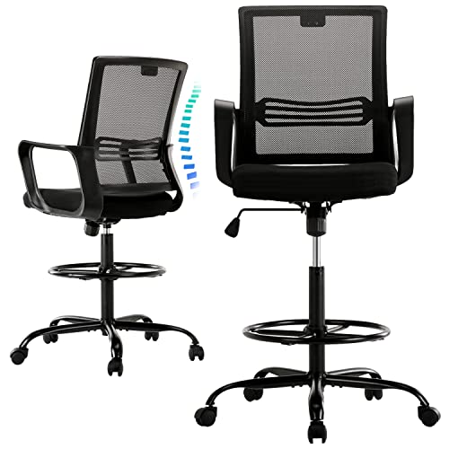 7780969029542 - DRAFTING CHAIR ERGONOMIC, TALL OFFICE CHAIR FOR STANDING DESK, SWIVEL COMPUTER TASK STOOL CHAIRS WITH ARMRESTS, MESH DESK CHAIR FOR COUNTER HEIGHT TABLES WITH ADJUSTABLE FOOT RING, BLACK