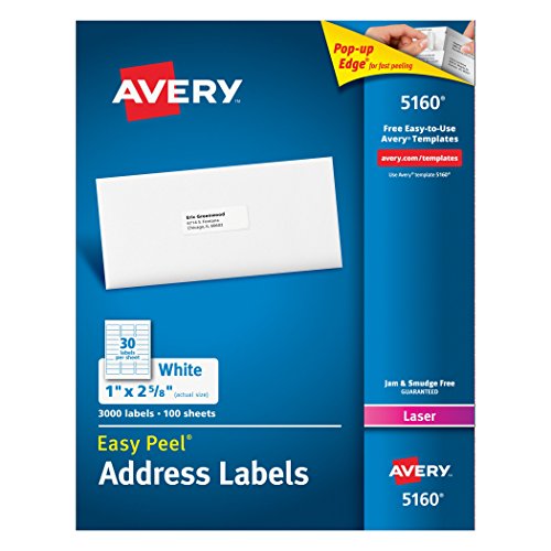 0778888489315 - AVERY EASY PEEL WHITE MAILING LABELS FOR LASER PRINTERS, 1 X 2.62 INCH, BOX OF 3000 LABELS