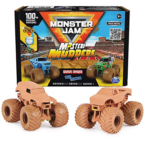 0778988486597 - MONSTER JAM, MYSTERY MUDDERS 2-PACK, OFFICIAL GRAVE DIGGER AND BLUE THUNDER DIE-CAST MONSTER TRUCKS, WASH TO REVEAL, 1:64 SCALE DIE CAST (STYLES WILL VARY)