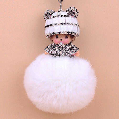 0780150963973 - RHINESTONE BABY-HEAD DOLL WITH RABBIT POM WOMENS NECKLACE OR BAG CHARMS (WHTIE)