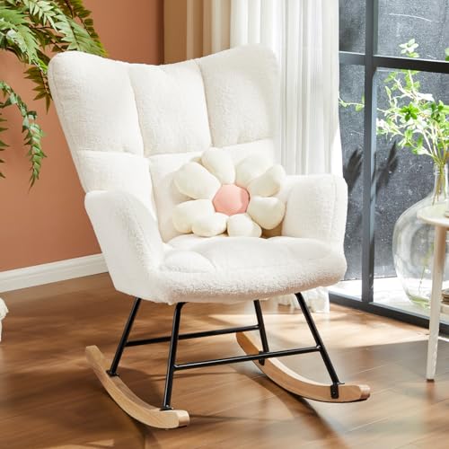 0780374262869 - SWEETCRISPY NURSERY ROCKING CHAIR, TEDDY UPHOLSTERED GLIDER ROCKER, MODERN ROCKING ACCENT CHAIRS WITH HIGH BACKREST READING CHAIR GLIDER CHAIR FOR NURSERY, LIVING ROOM, BEDROOM