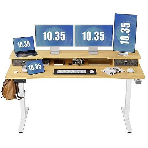 0780374265426 - DUMOS 63 INCH ELECTRIC STANDING DESK WITH DOUBLE DRAWERS HEIGHT ADJUSTABLE SIT STAND UP PC WORK TABLE ERGONOMIC RISING HOME OFFICE COMPUTER WORKSTATION WITH STORAGE SHELF