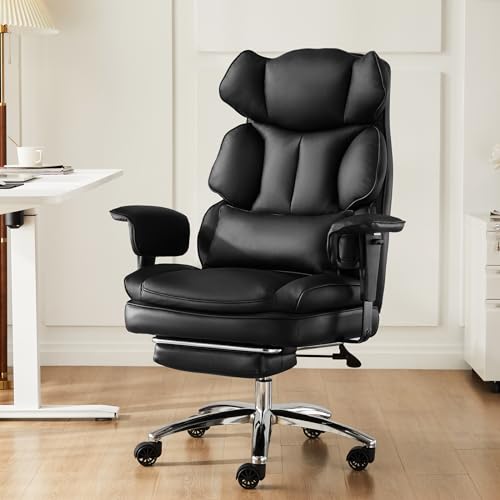 0780374266331 - DUMOS EXECUTIVE HOME OFFICE DESK CHAIR ERGONOMIC BIG TALL HIGH BACK WITH FOOTREST & LUMBAR SUPPORT, RECLINING HEIGHT ADJUSTABLE COMFY PU LEATHER COMPUTER GAMING WITH SWIVEL WHEELS, BLACK