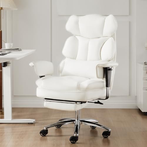 0780374266348 - DUMOS EXECUTIVE HOME OFFICE DESK CHAIR ERGONOMIC BIG AND TALL HIGH BACK WITH FOOTREST & LUMBAR SUPPORT, RECLINING HEIGHT ADJUSTABLE PU LEATHER COMPUTER GAMING WITH SWIVEL WHEELS, WHITE