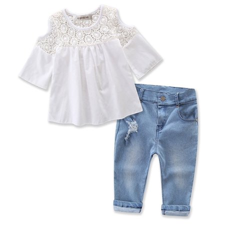 0780509218570 - STYLESILOVE SWEET GIRL LACE DESIGN OFF SHOULDER 3/4 SLEEVE BLOUSES AND JEANS 2 PCS OUTFIT SET (2T)
