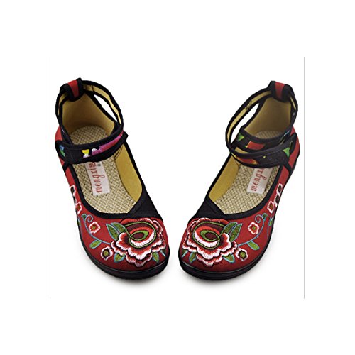0780712339628 - VINTAGE CHINESE EMBROIDERED FLORAL SHOES WOMEN BALLERINA MARY JANE FLAT BALLET COTTON LOAFER RED 38