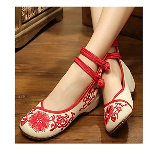 0780712339925 - VINTAGE CHINESE EMBROIDERED FLORAL SHOES WOMEN BALLERINA MARY JANE FLAT BALLET COTTON LOAFER RED 40