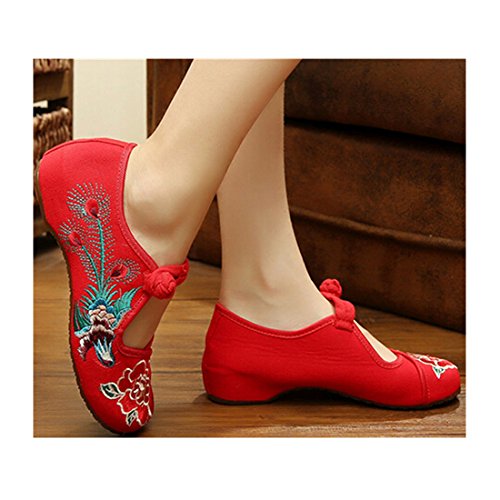 0780712340310 - VINTAGE CHINESE EMBROIDERED FLORAL SHOES WOMEN BALLERINA MARY JANE FLAT BALLET COTTON LOAFER RED 37