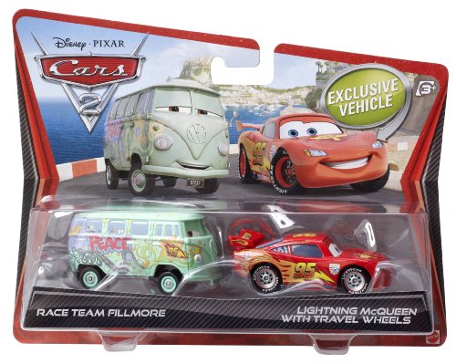 0781317606191 - DISNEY/PIXAR CARS 2 DIE-CAST RACE TEAM FILLMORE AND LIGHTNING MCQUEEN WITH TRAVEL WHEELS 2-PACK 1:55 SCALE