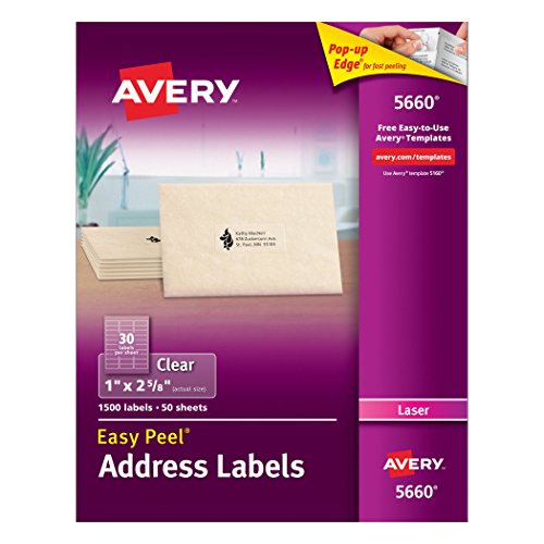 0781624959645 - AVERY EASY PEEL CLEAR MAILING LABELS FOR LASER PRINTERS, BOX OF 1500