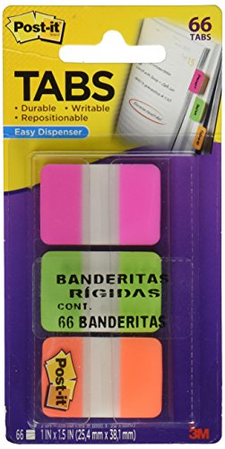 0781624966292 - POST-IT TABS WITH ON-THE-GO DISPENSER, 1-INCH SOLID, PINK, GREEN, AND ORANGE, 22