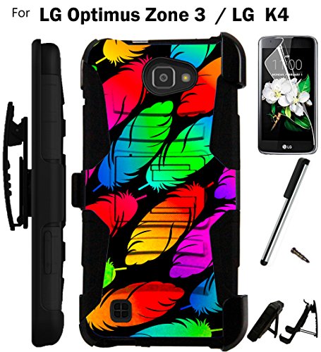 0782398675410 - FOR LG OPTIMUS ZONE 3 PHONE CASE (VERIZON) ARMOR HYBRID RUGGED SILICONE COVER KICK STAND LUXGUARD HOLSTER+LCD SCREEN PROTECTOR+STYLUS (COLORFUL FEATHER/BLACK)